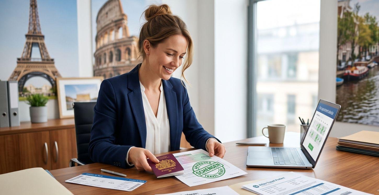 A consultant at a desk reviewing a passport and Schengen visa paperwork, with framed views of Paris, Rome and Amsterdam behind her and an appointment calendar on the laptop.