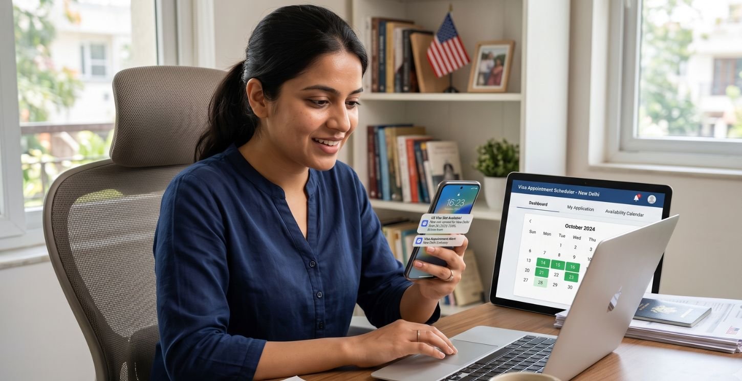 An applicant at a home-office desk reading a "US visa slot available" alert on her phone, with a visa appointment scheduler open on the laptop beside her showing a calendar of available dates.
