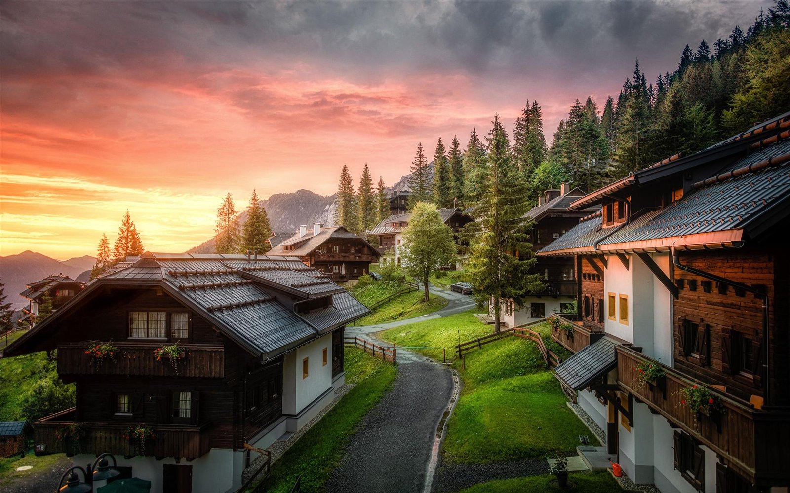 Alpine village at sunset